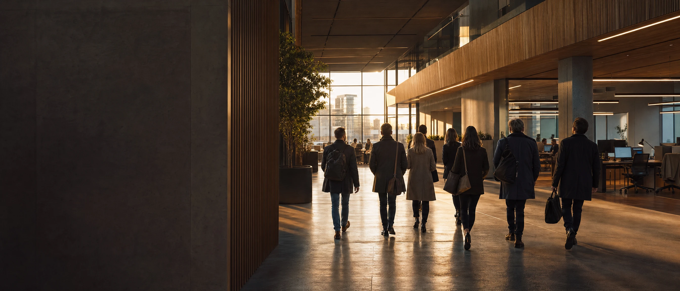 A team seen from behind walking into an open office in morning light